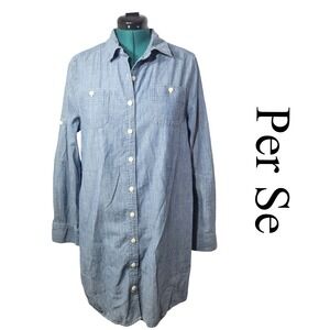 Per Se Shirt Dress Womens L Blue Cotton Chambray Button Down Roll Tab Classic